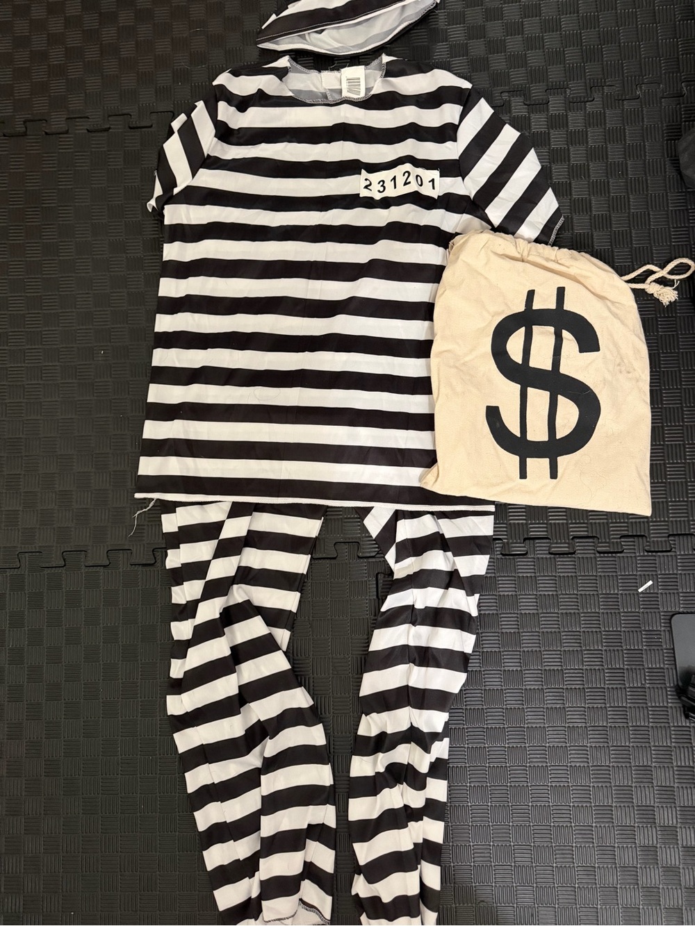 Striped Prisoner Costume Set with Money Bag - Black & White